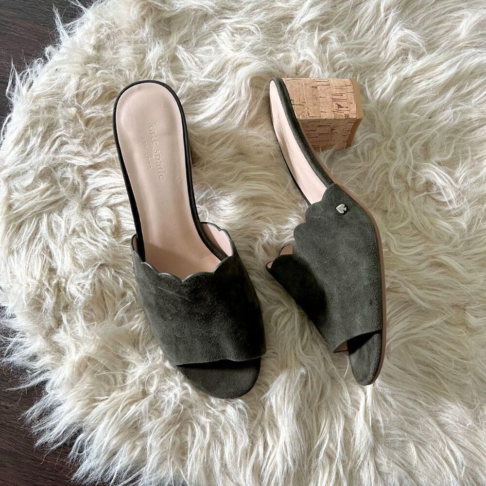olive green suede Kate Spade Warren Scalloped Mules Size US 9.5
